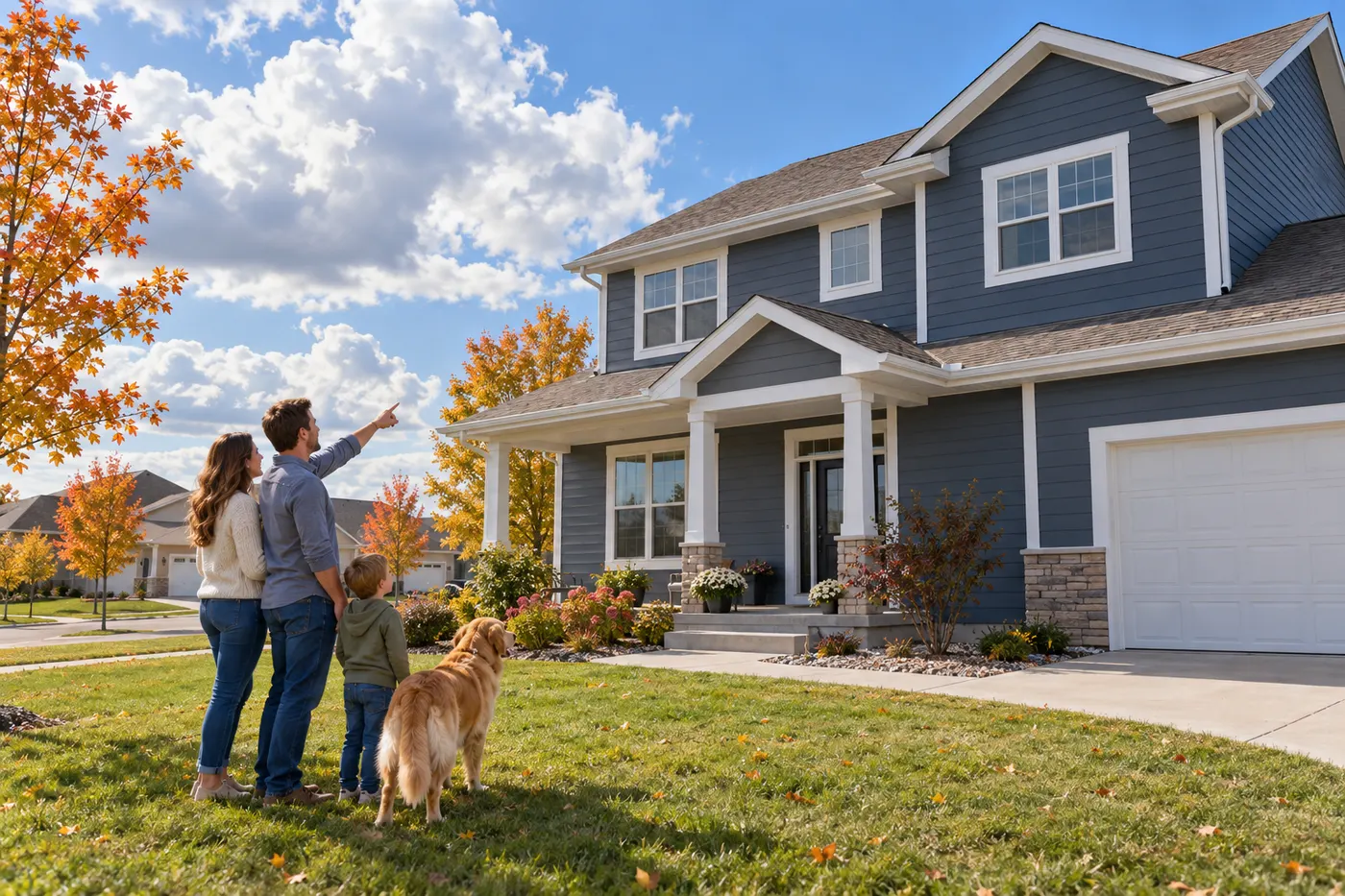 A family with their golden retriever admiring the new slate-blue lap siding on their two-story home, which held up to the South Dakota weather that fall.