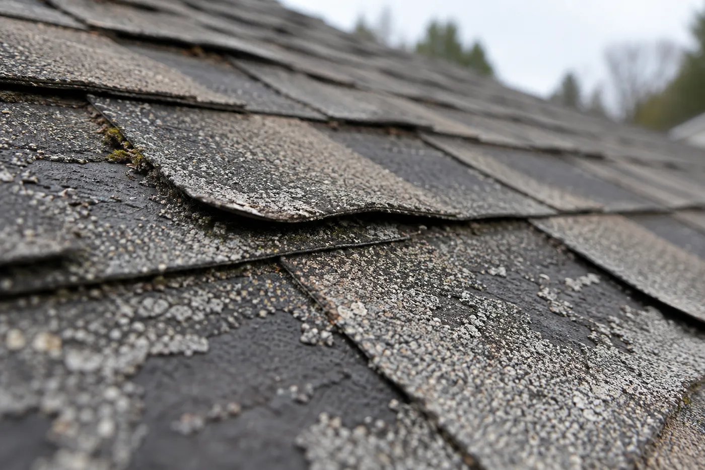Close-up of an aging asphalt shingle roof in South Dakota with shingles curling at the edges and granules worn away in patches, near the end of the roof's life.