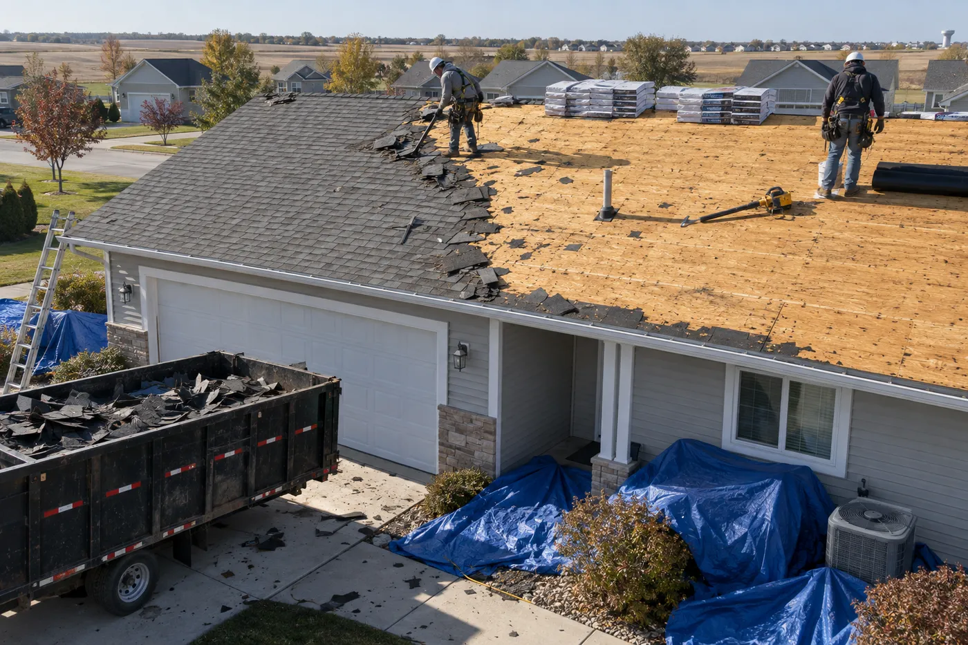 A residential roof replacement mid tear-off on day one, half the roof stripped to bare decking with a roll-off dumpster in the driveway below.