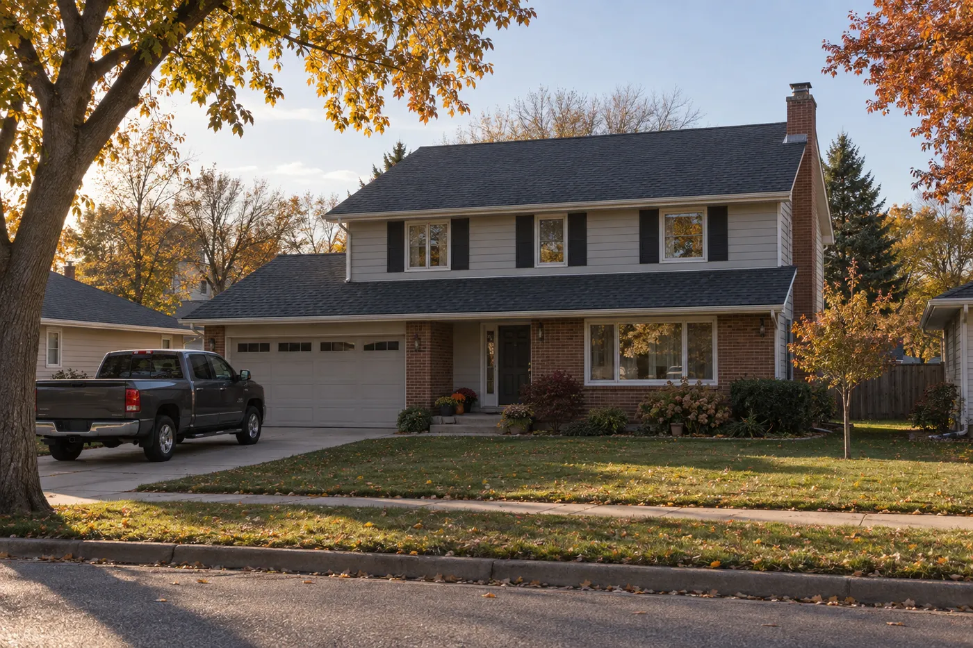 A Sioux Falls house with a newly installed charcoal architectural shingle roof, the finished result of a full roof replacement, photographed from across the street in late afternoon light.