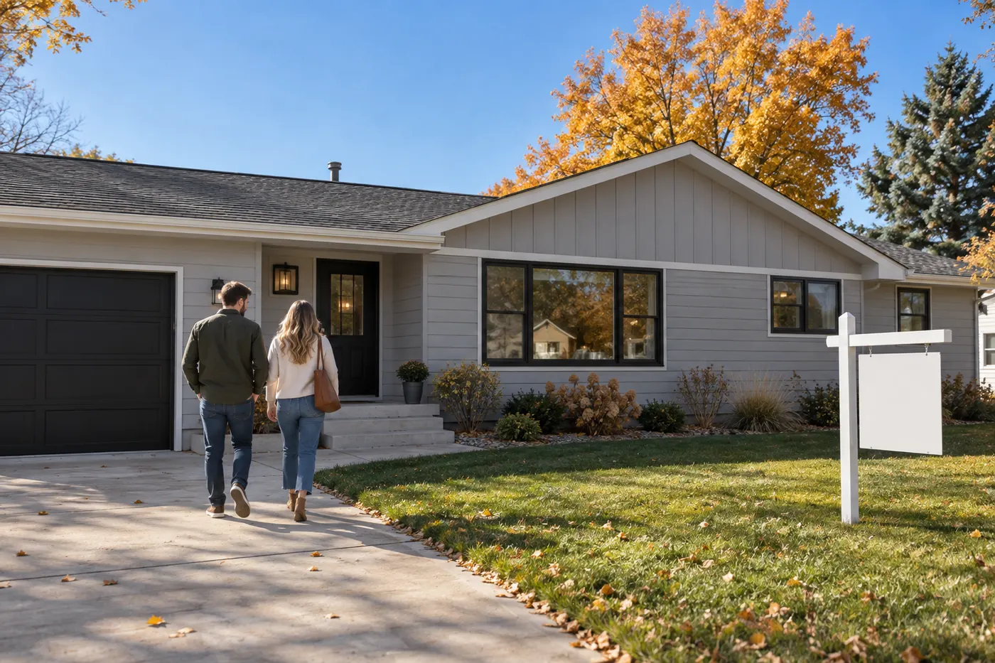 A young couple walking up the driveway of a re-sided ranch house with a for-sale sign in the yard, the kind of curb appeal that shows new siding is worth it.