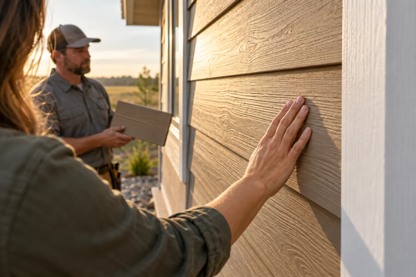 A homeowner running her hand along the cedar-grain texture of new LP SmartSide siding on a Sioux Falls-area home while the installer holds a sample board.