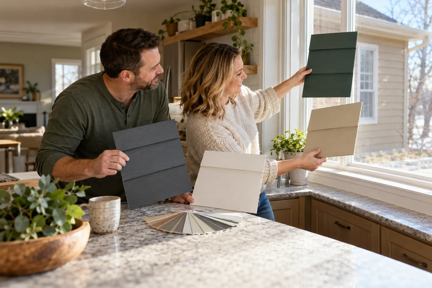 A couple at their kitchen island holding charcoal, warm white, sage green and sand siding samples up to the window to compare popular siding colors for their Sioux Falls home.