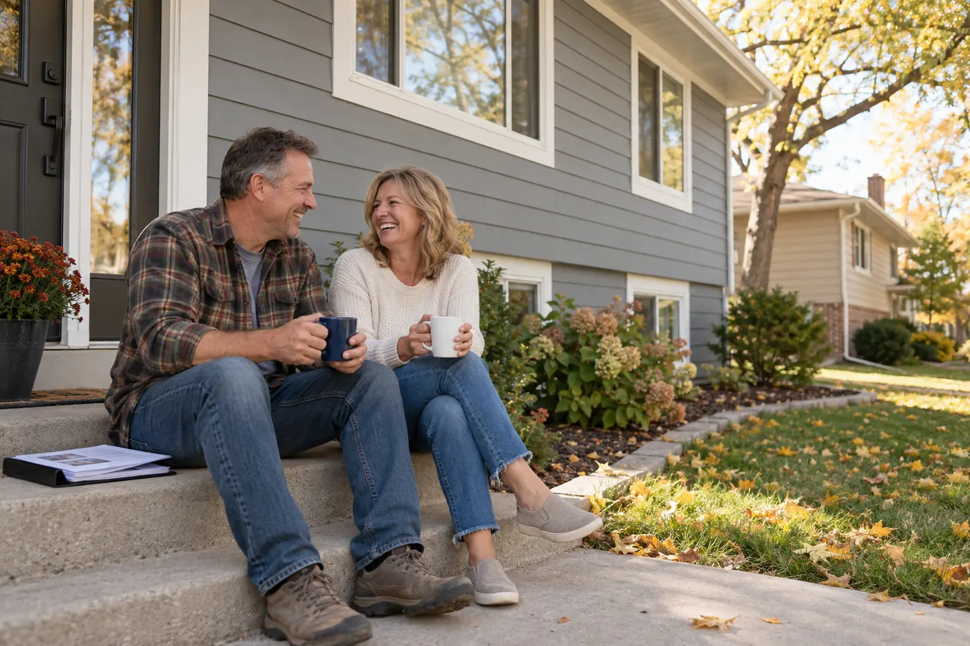 A couple laughing over coffee on the front steps of their split-level home after new gray lap siding went on, a solid return on their siding investment.