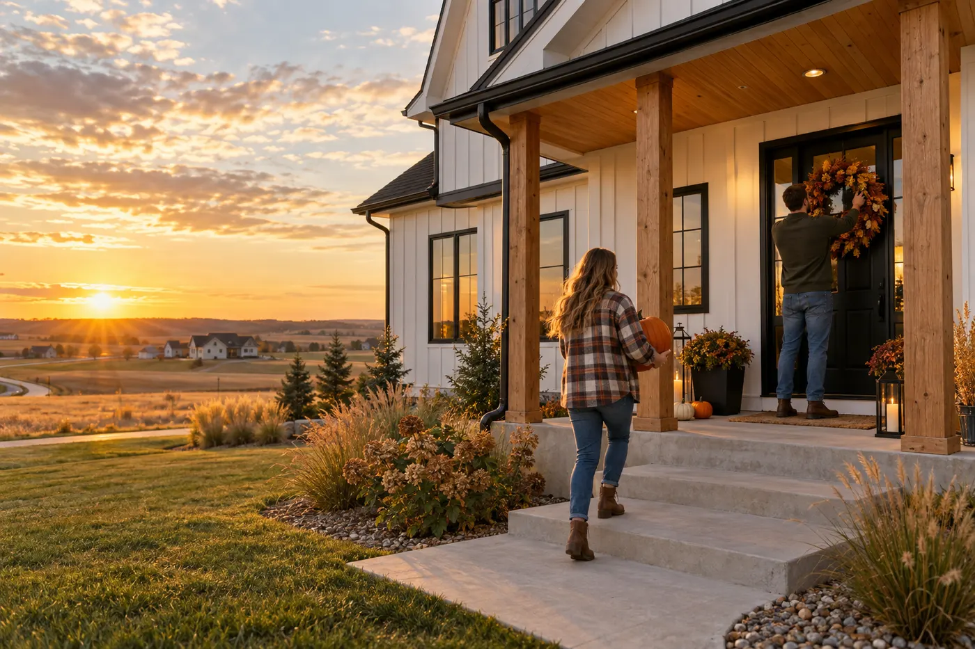 A white board-and-batten farmhouse with black windows and cedar porch posts at sunset, one of the most popular siding colors of 2025 on the South Dakota prairie.