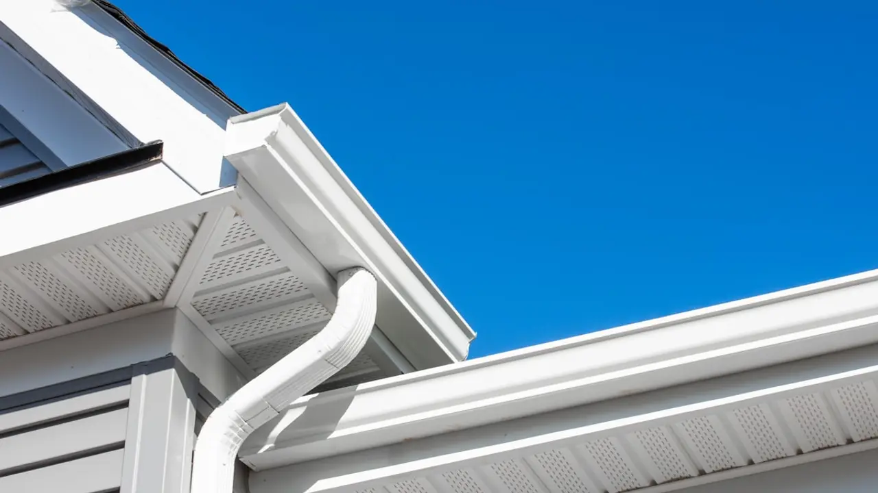 A run of new seamless gutters along the eave of a Sioux Falls house, roll-formed on site by the Radiant crew.