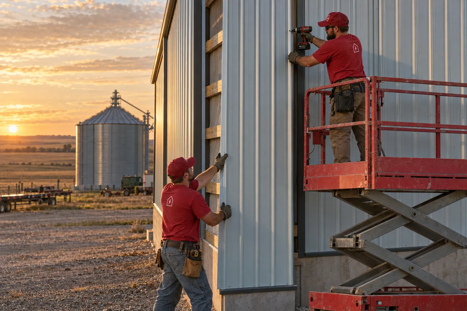 Two Radiant installers setting a ribbed steel commercial siding wall panel on an agricultural shop building at golden hour.