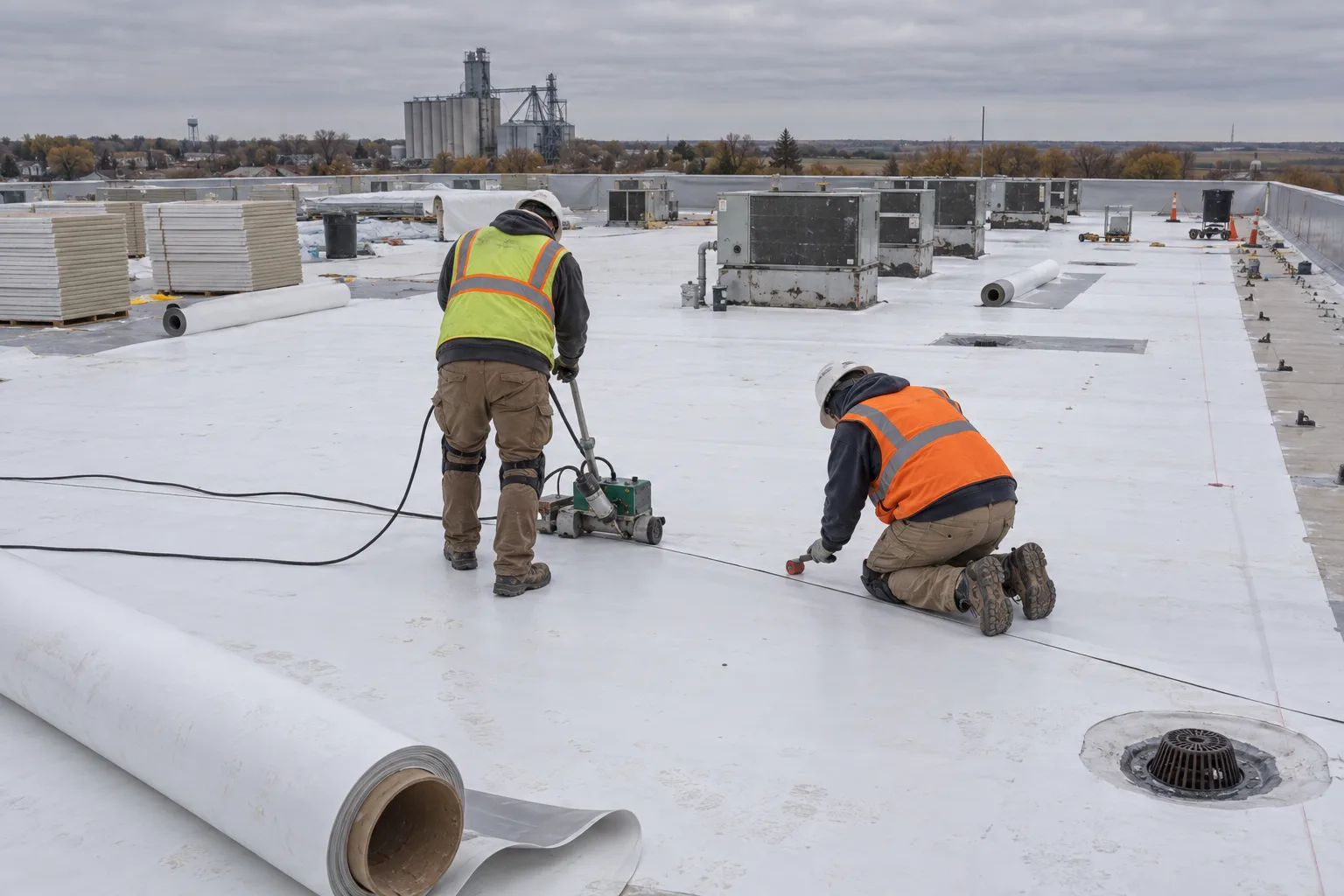 A Radiant commercial roofing crew working across a flat membrane roof on an Omaha building.