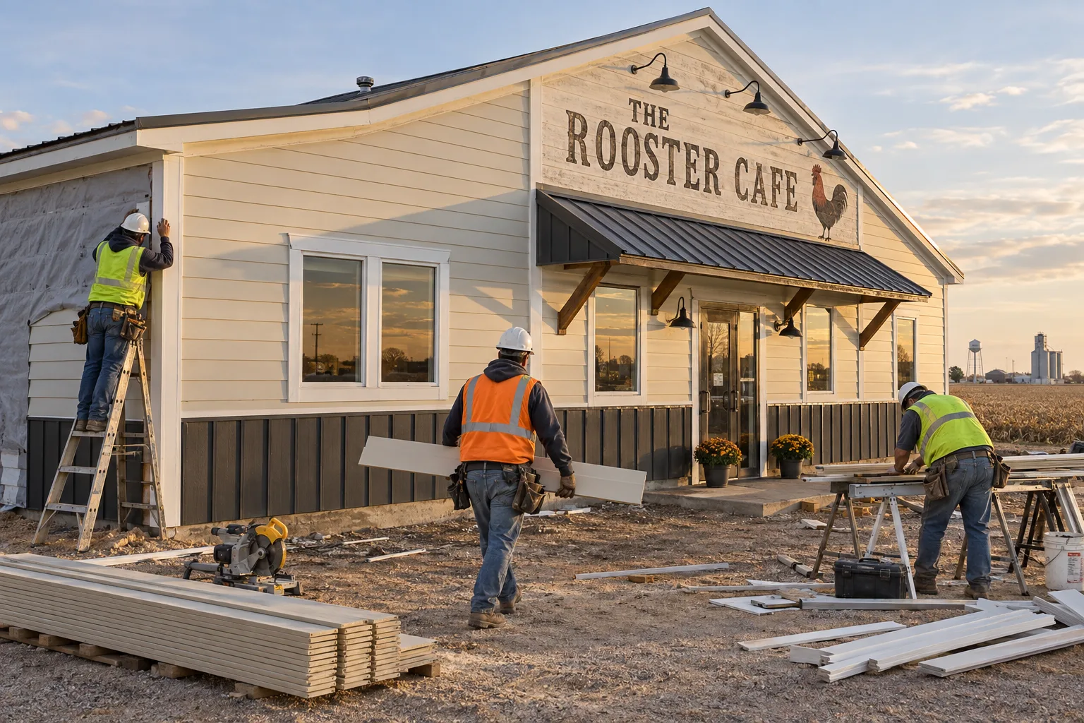 A Radiant crew installing commercial siding wall panels on a building in Sioux Falls.