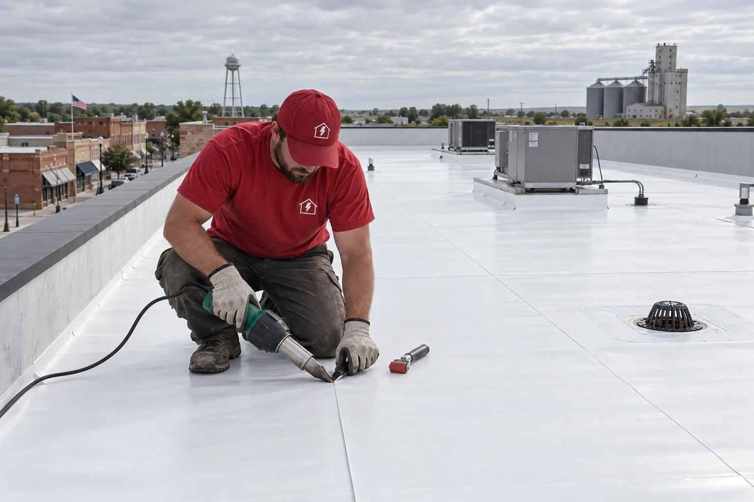A Radiant roofer heat-welding a TPO seam on a commercial flat roofing job in Omaha under an overcast prairie sky.