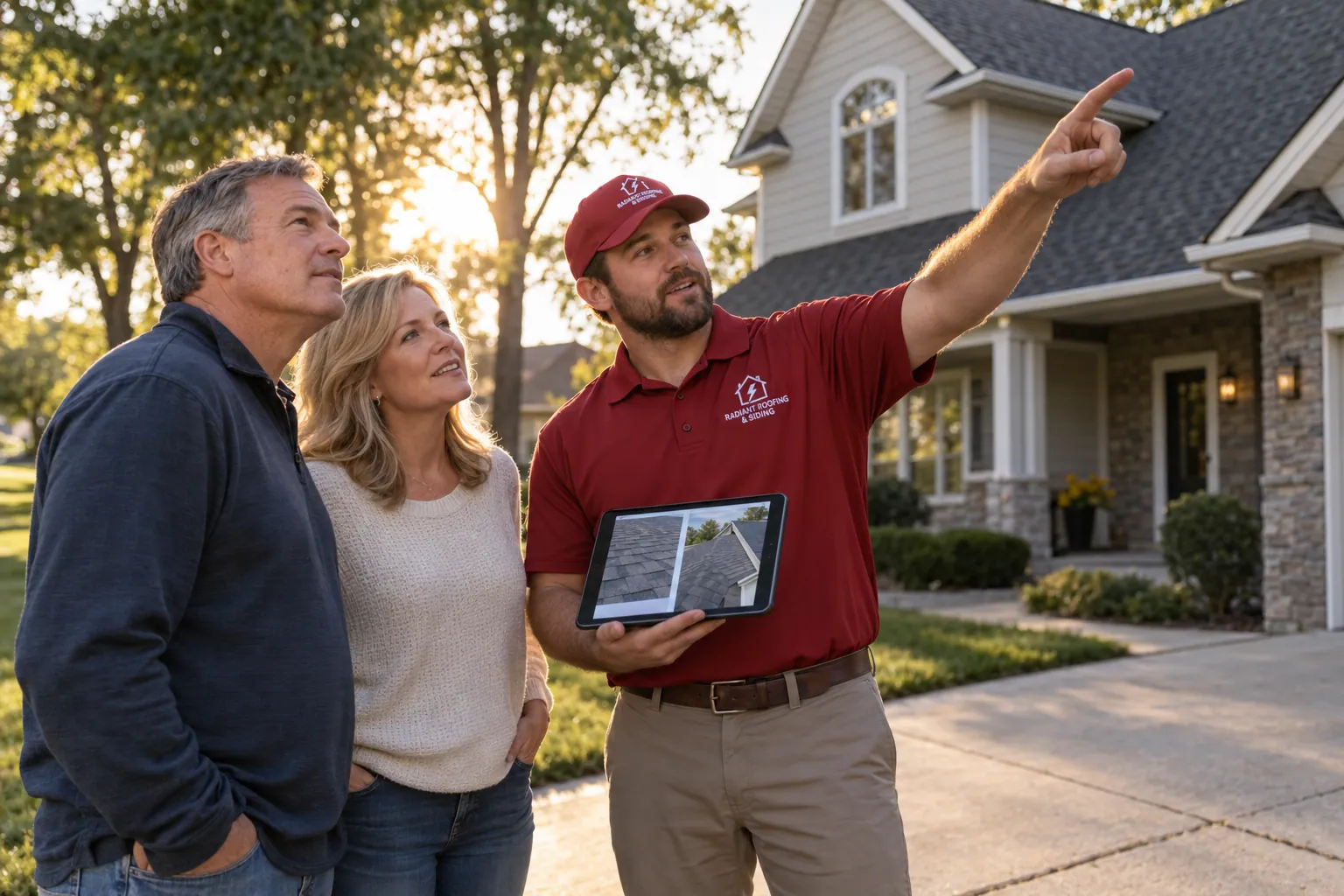 A Radiant estimator going through roof photos with homeowners in the driveway during a free roof estimate in Sioux Falls.