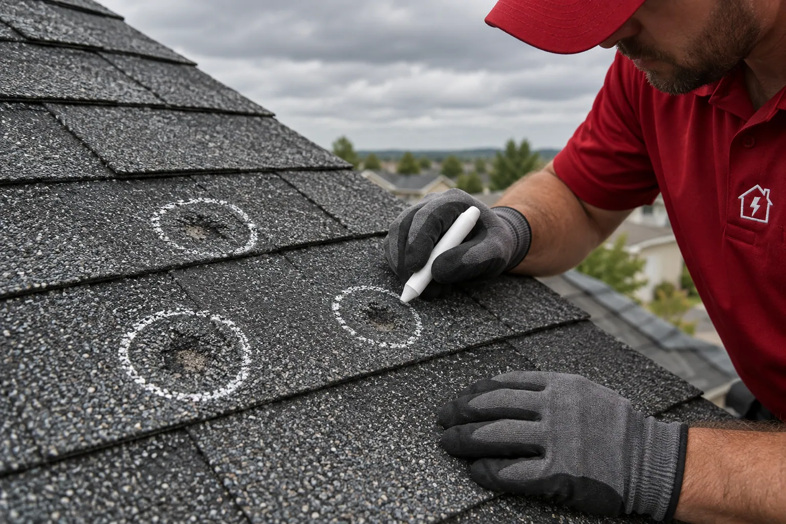 A Radiant estimator marking hail damage on a shingle with chalk during a free roof inspection.