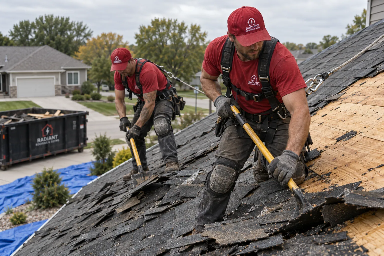 Two Radiant crew members tearing off an old roof at the start of a Sioux Falls roof replacement, dumpster in the driveway.