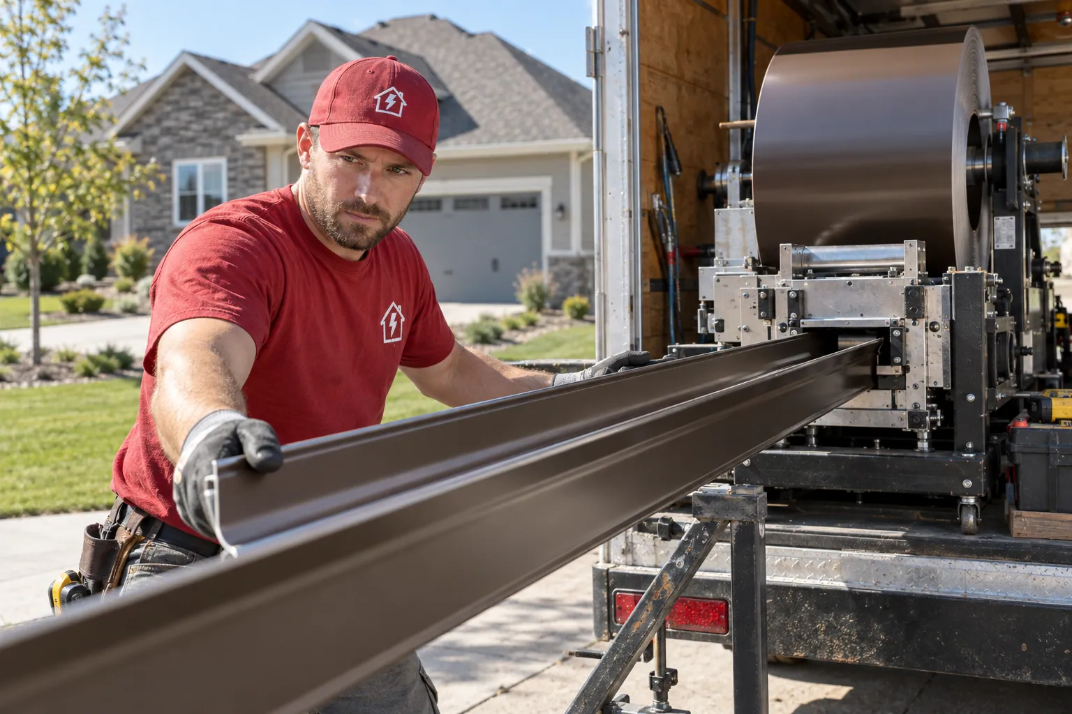 A continuous run of dark bronze seamless gutter being roll-formed on site from a coil during a Sioux Falls seamless gutter installation.