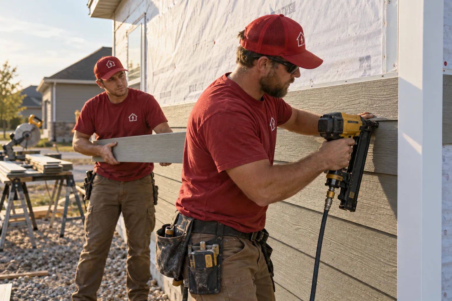 Two Radiant installers fitting engineered-wood lap siding over white house wrap during a Sioux Falls siding installation.