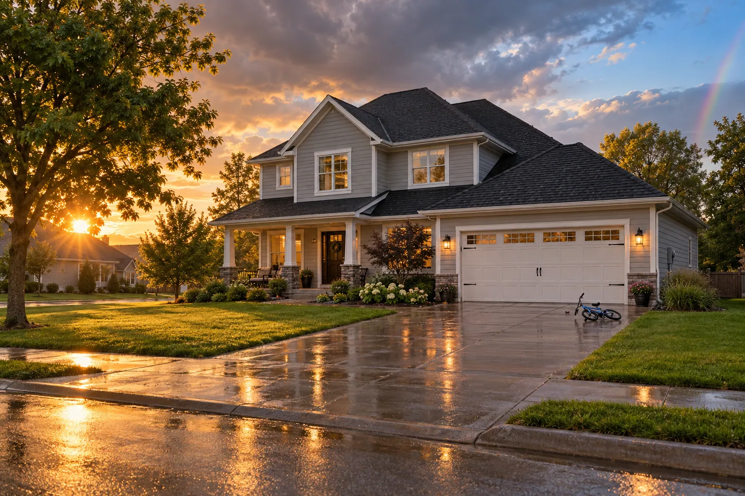 A Aberdeen home with a new roof, siding and seamless gutters at golden hour after a storm has passed.